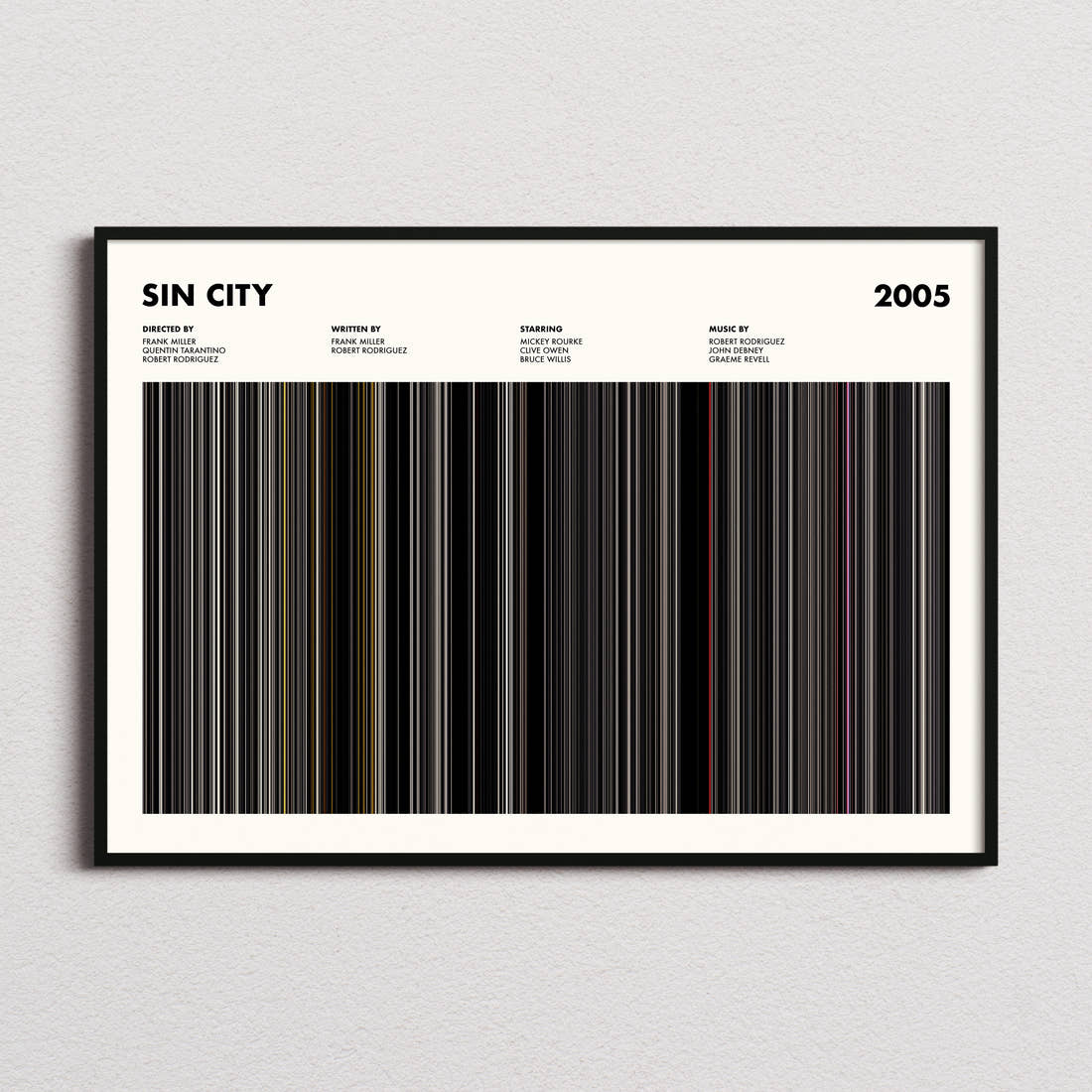 Sin City Movie Barcode Poster framed and photographed straight on