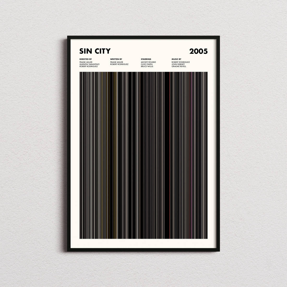 Sin City Movie Barcode Poster framed on a plain studio wall