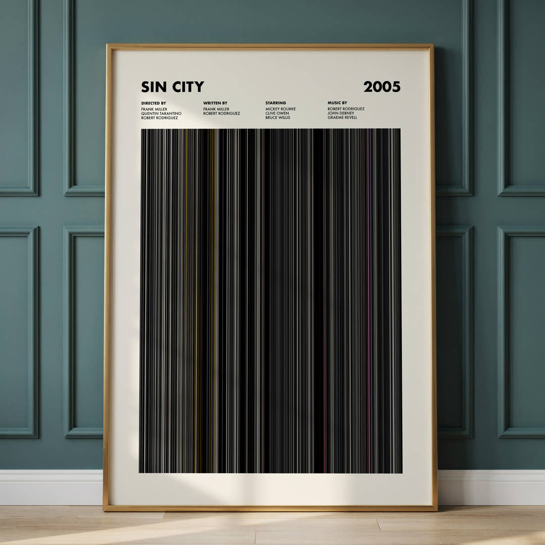 Sin City Movie Barcode Poster framed and leaning against a panelled wall