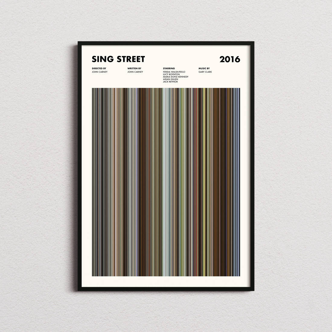Sing Street Movie Barcode Poster framed on a plain studio wall