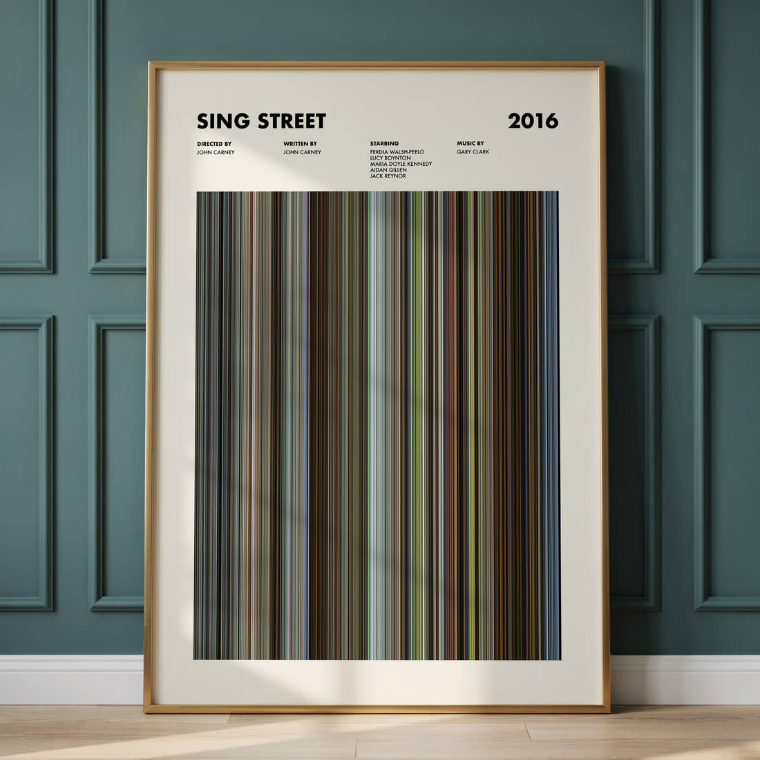 Sing Street Movie Barcode Poster framed and leaning against a panelled wall