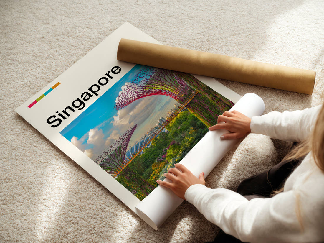 Singapore Supertree Grove Travel Print being unrolled from its postal tube