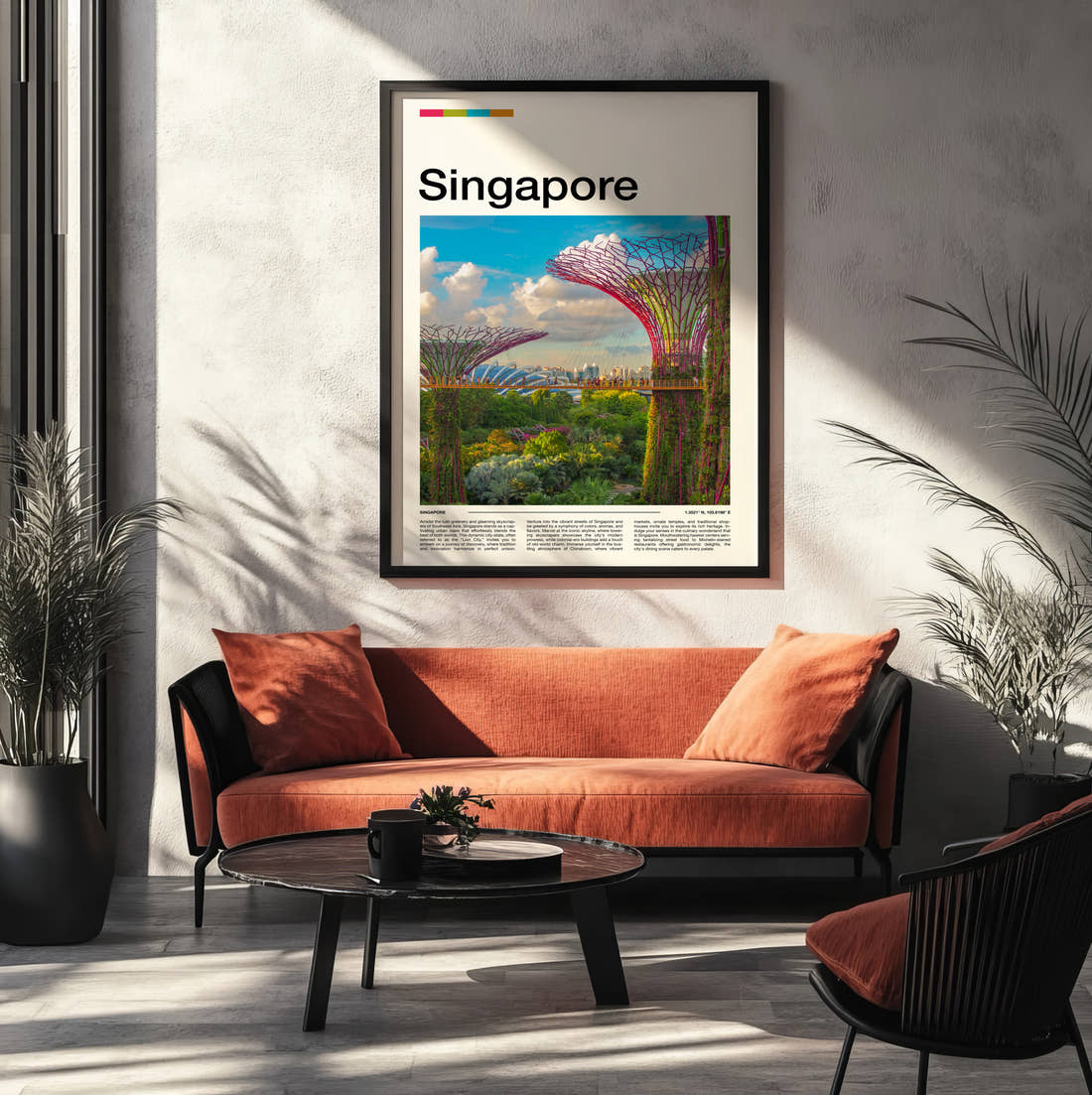 Singapore Supertree Grove Travel Print framed on the wall of a modern living room