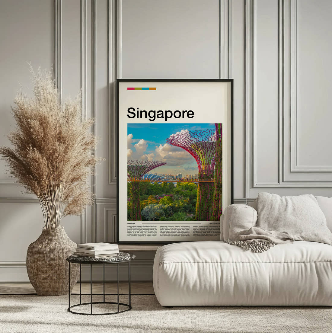 Singapore Supertree Grove Travel Print framed on the wall of a calm, neutral bedroom