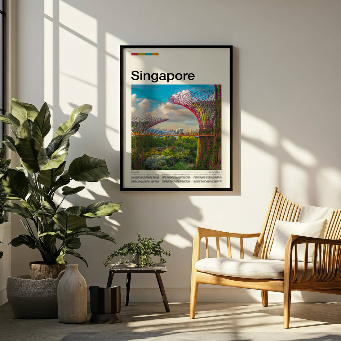 Singapore Supertree Grove Travel Print framed on a pale wall beside houseplants