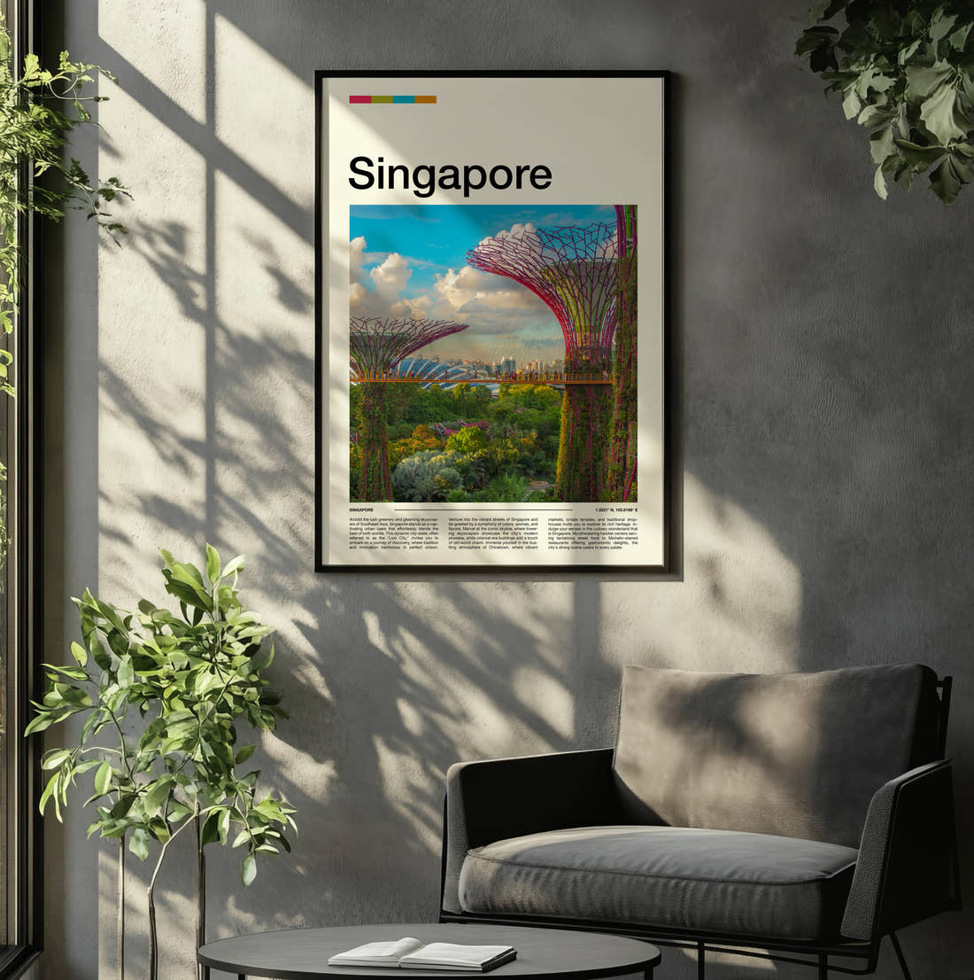 Singapore Supertree Grove Travel Print framed on the wall of a relaxed living room