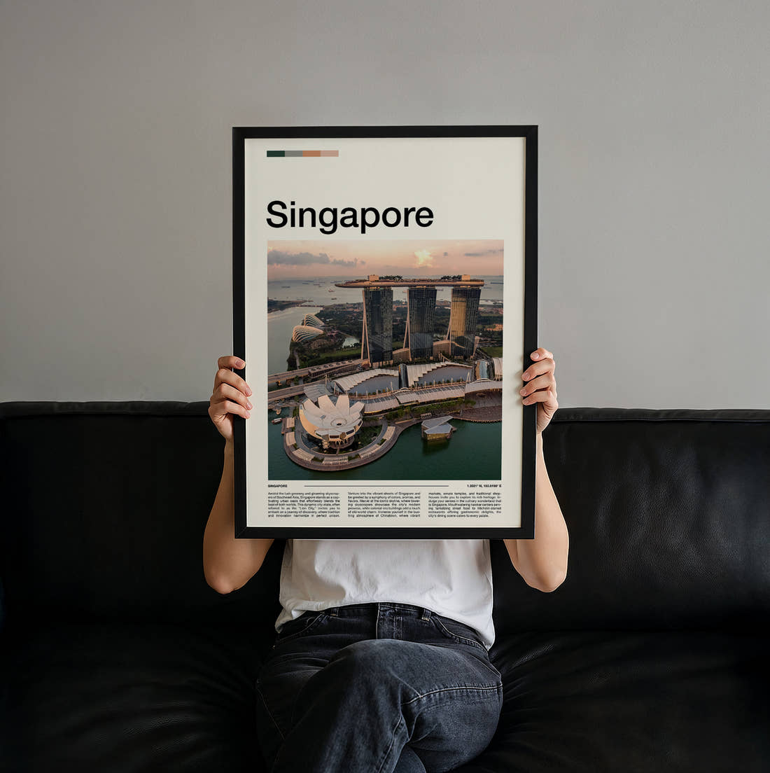 Singapore Marina Bay Sands Travel Print held up by hand to show the size of the print