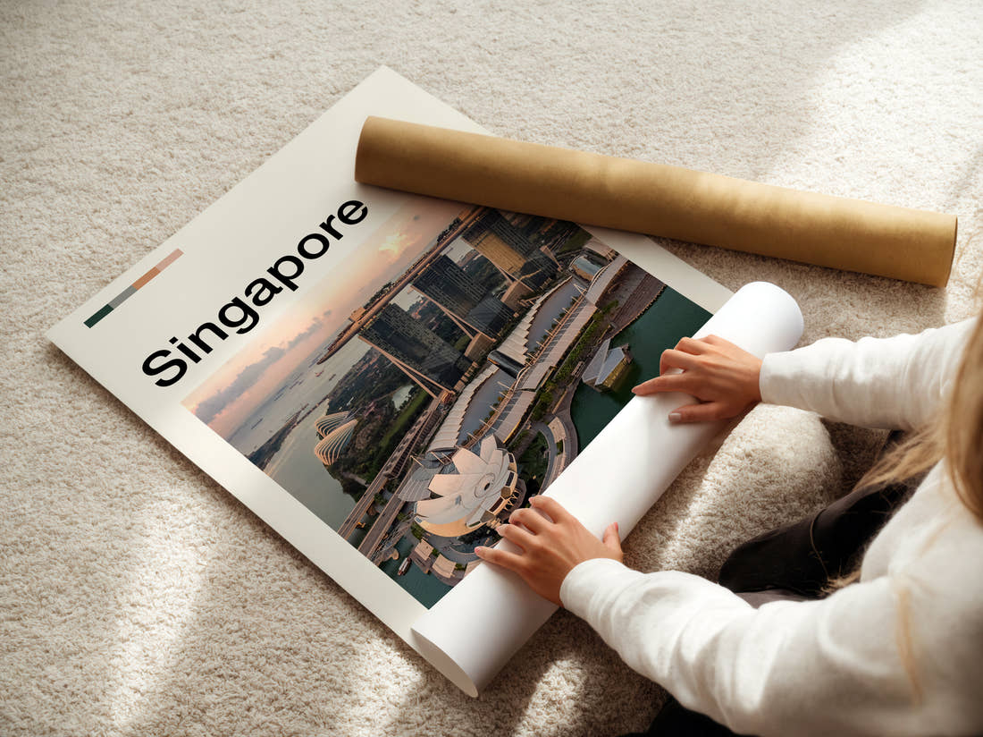 Singapore Marina Bay Sands Travel Print being unrolled from its postal tube
