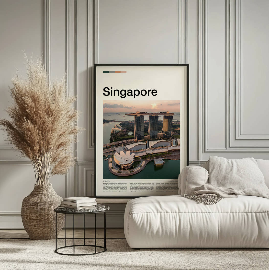 Singapore Marina Bay Sands Travel Print framed on the wall of a calm, neutral bedroom