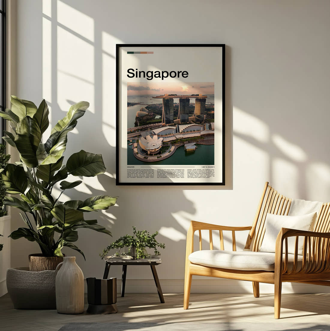Singapore Marina Bay Sands Travel Print framed on a pale wall beside houseplants