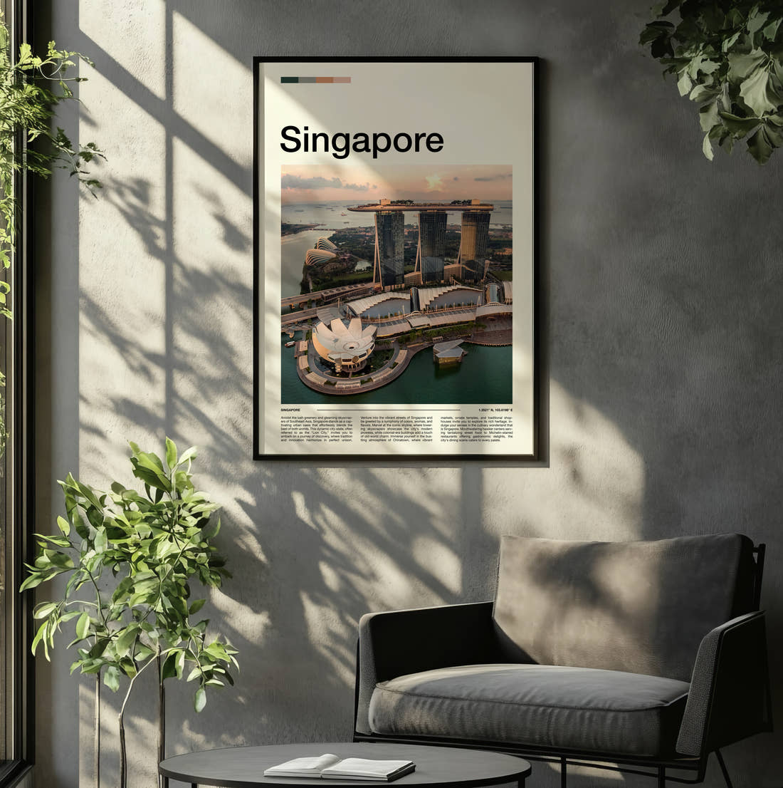 Singapore Marina Bay Sands Travel Print framed on the wall of a relaxed living room