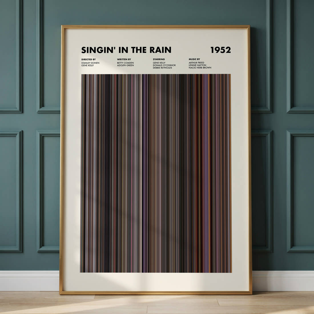 Singin' In The Rain Movie Barcode Poster framed and leaning against a panelled wall