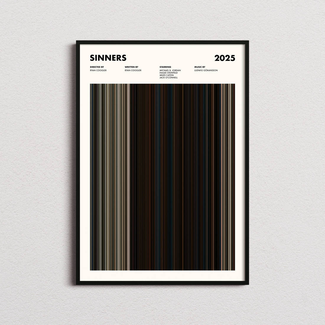 Sinners Movie Barcode Poster framed on a plain studio wall