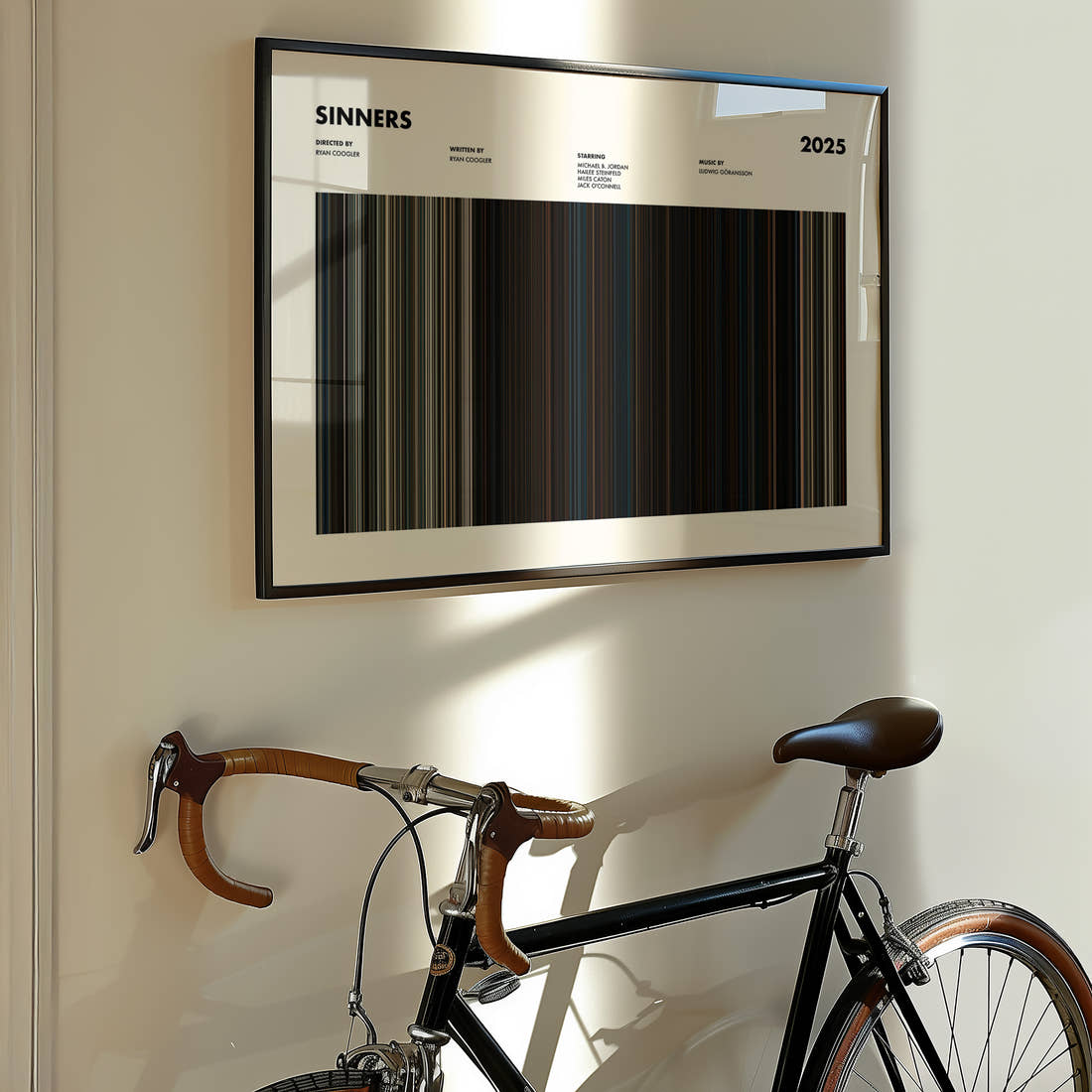 Sinners Movie Barcode Poster framed on the wall of a styled room setting