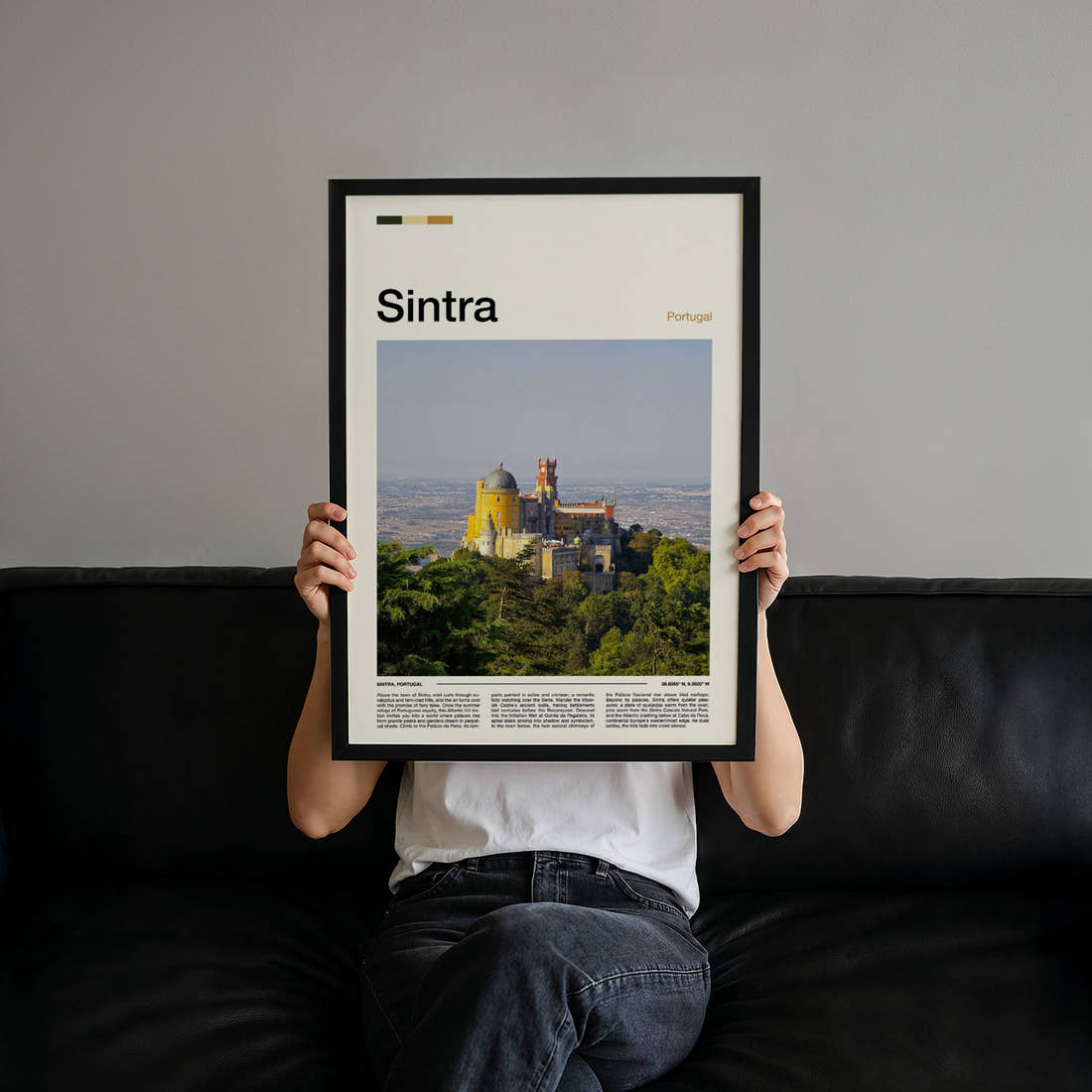 Sintra Hilltop Palace View Travel Print held up by hand to show the size of the print