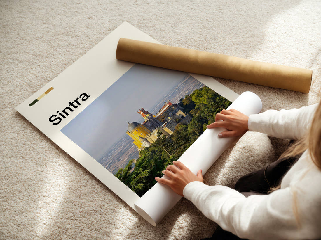Sintra Hilltop Palace View Travel Print being unrolled from its postal tube