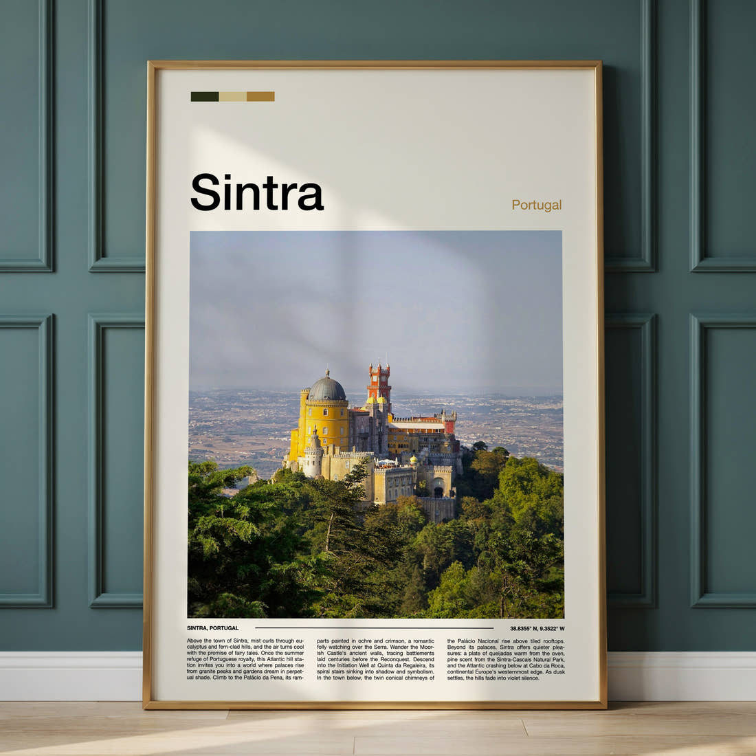 Sintra Hilltop Palace View Travel Print framed on the wall of a calm, neutral bedroom
