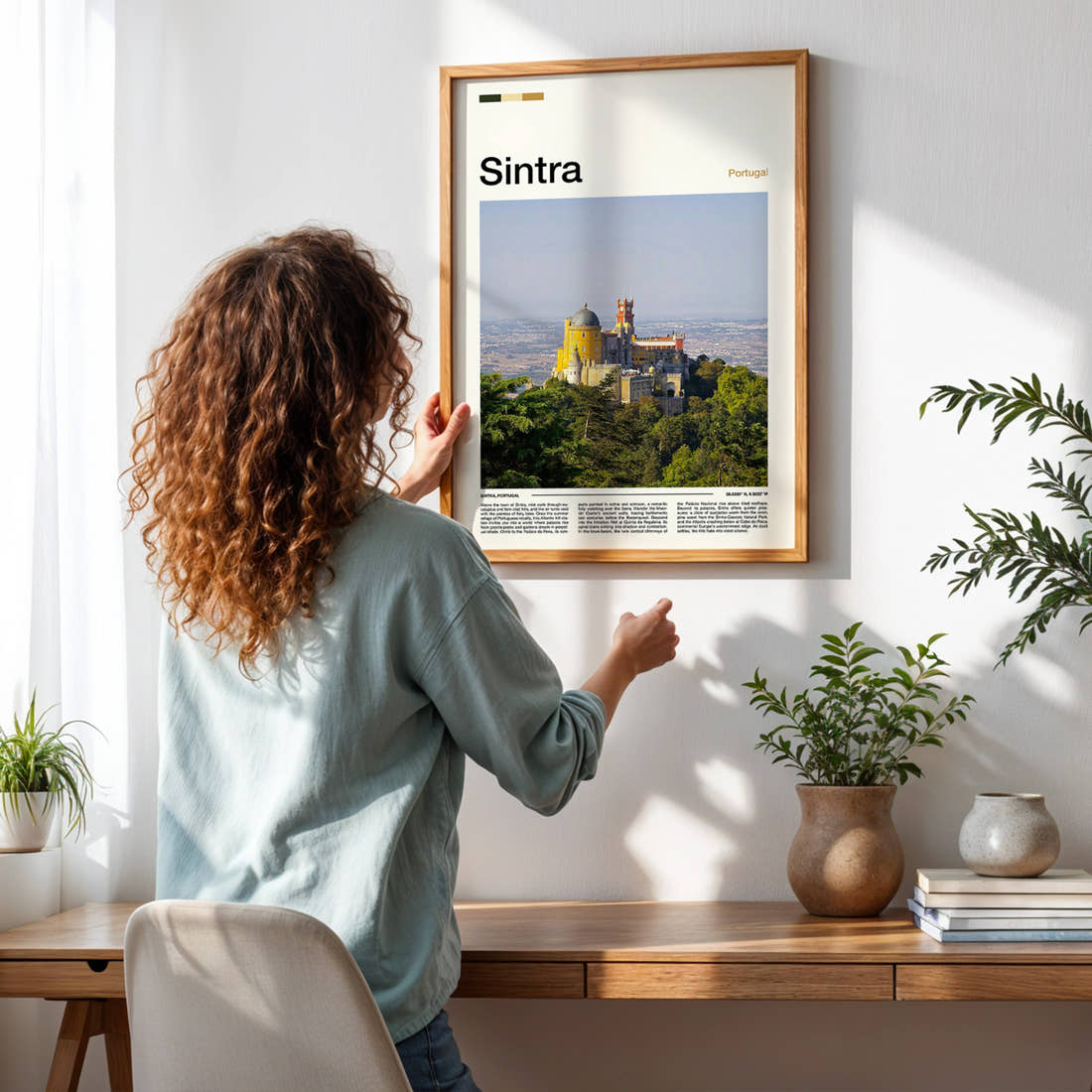 Sintra Hilltop Palace View Travel Print framed on a pale wall beside houseplants
