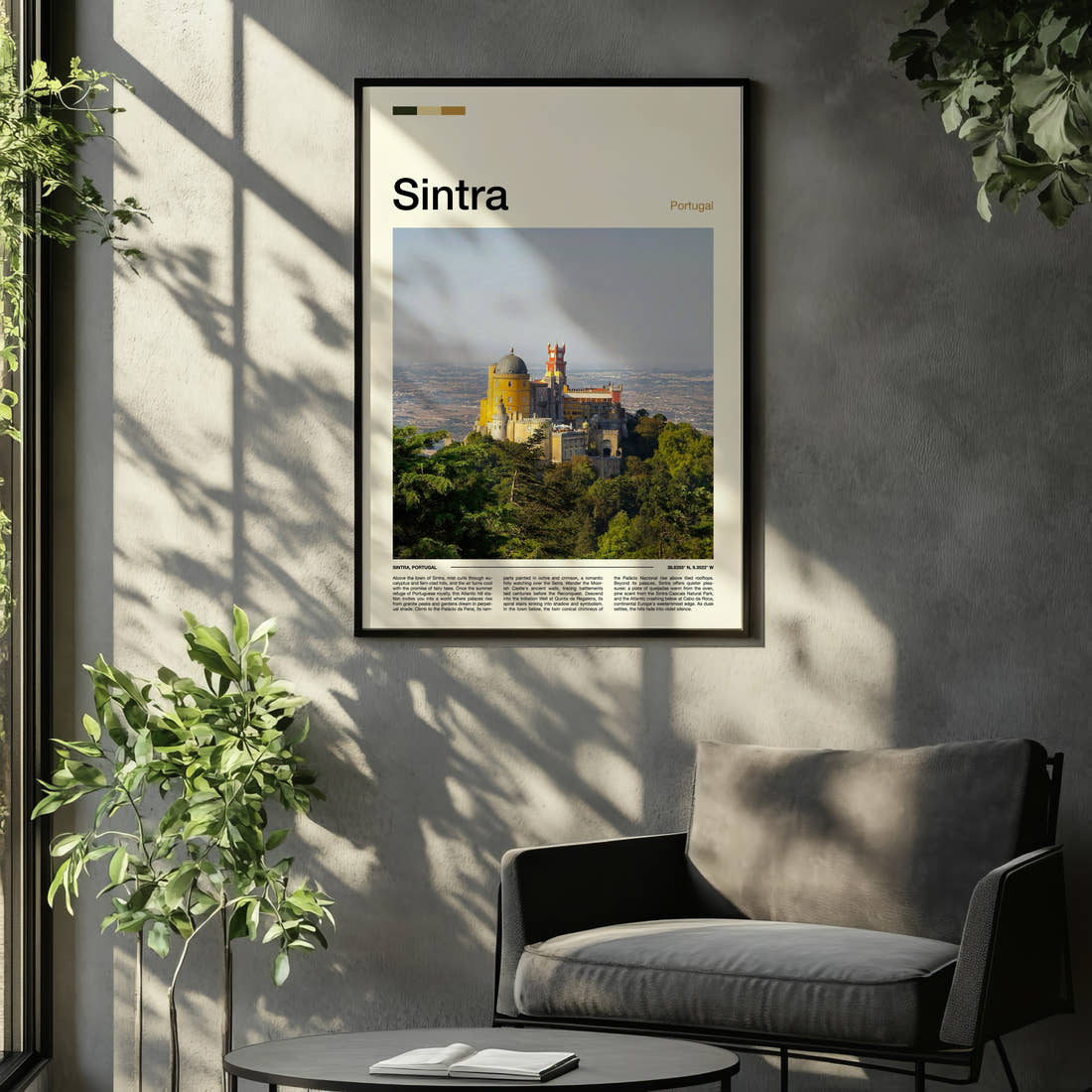 Sintra Hilltop Palace View Travel Print framed on the wall of a relaxed living room