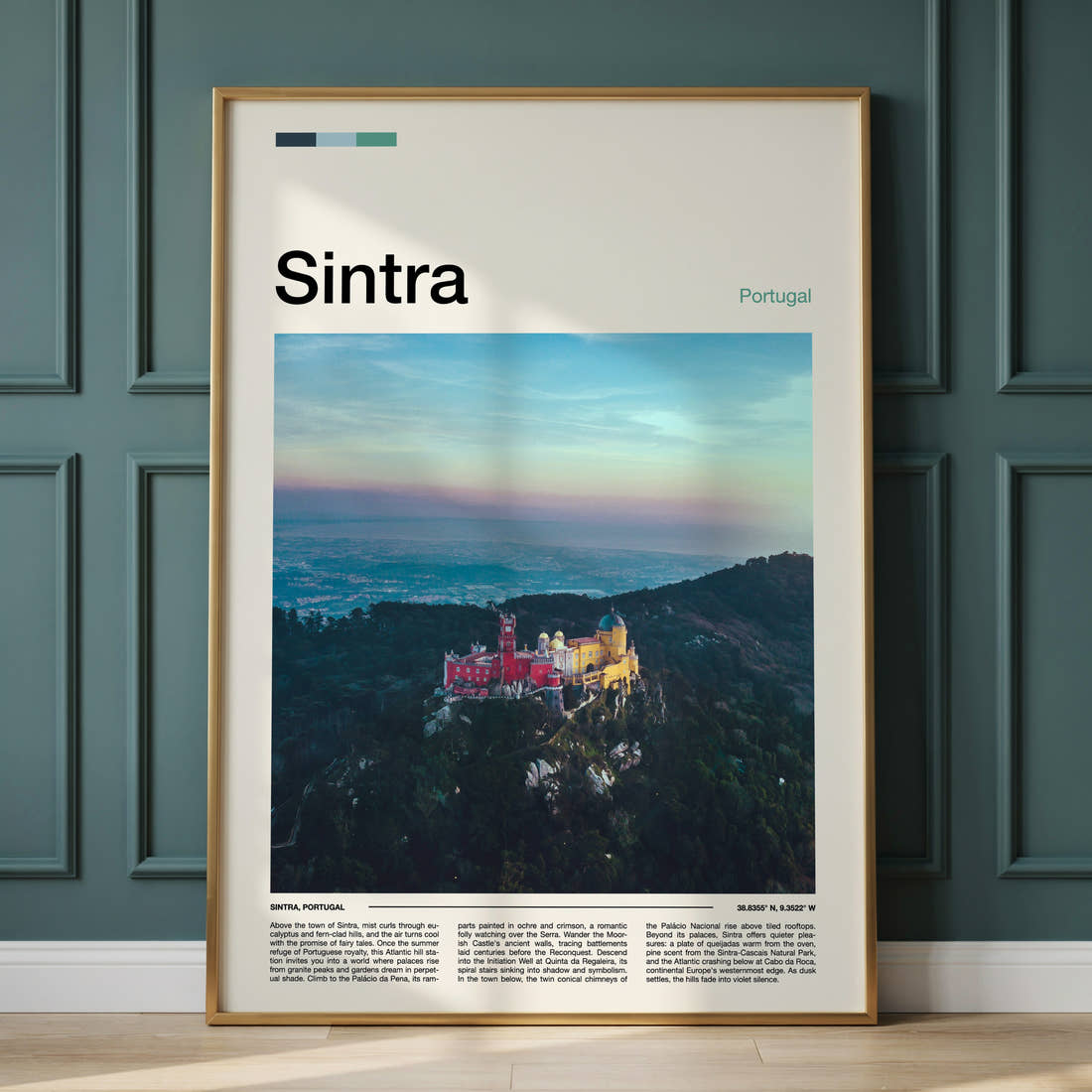 Sintra PaláCio Da Pena Travel Print framed on the wall of a calm, neutral bedroom