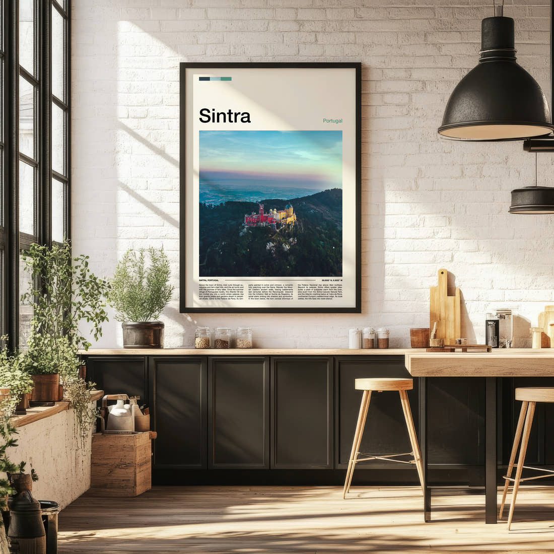 Sintra PaláCio Da Pena Travel Print framed on the wall of a bright kitchen and dining space