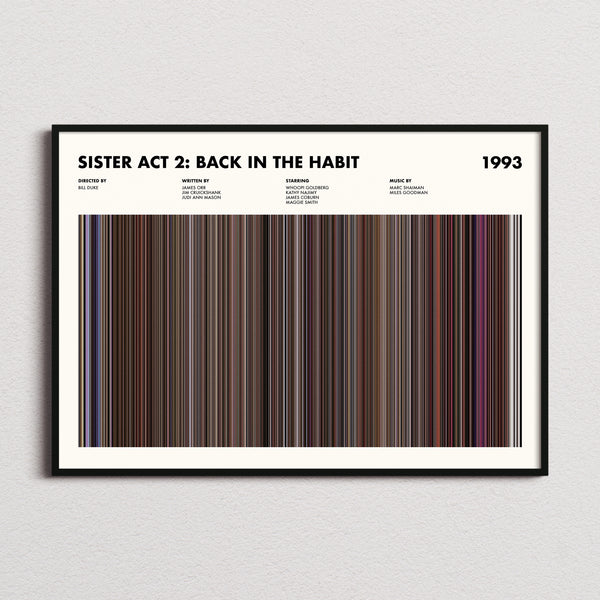 Sister Act 2: Back in the Habit Movie Barcode Poster framed and photographed straight on