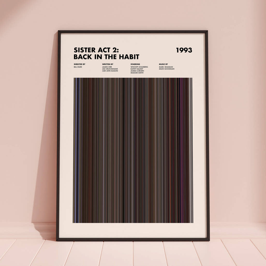 Sister Act 2: Back in the Habit Movie Barcode Poster framed and leaning against a coloured wall
