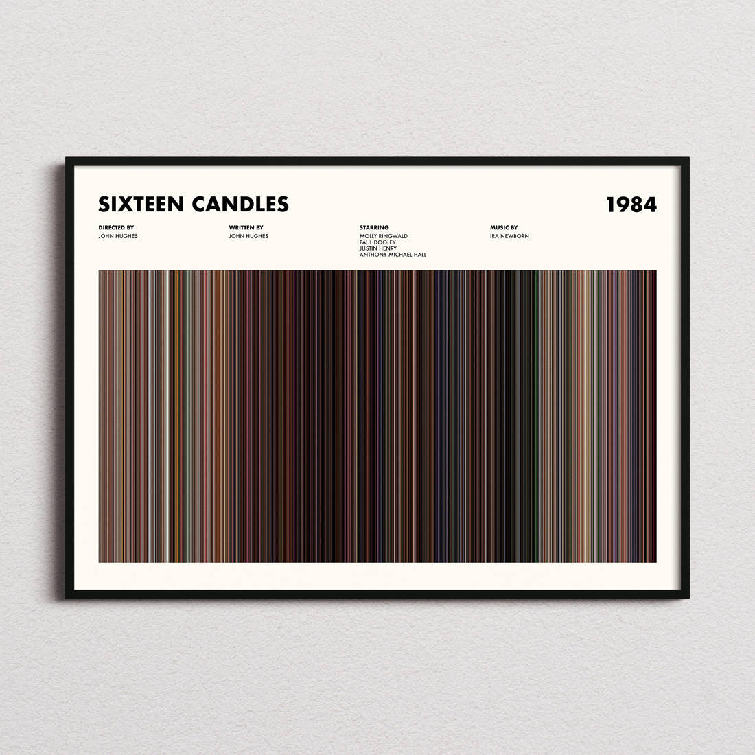 Sixteen Candles Movie Barcode Poster framed and photographed straight on