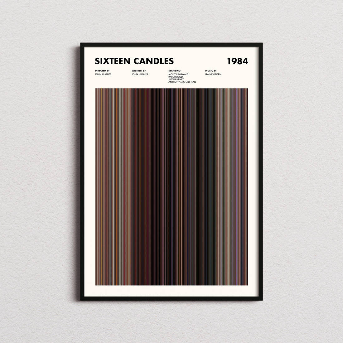 Sixteen Candles Movie Barcode Poster framed on a plain studio wall
