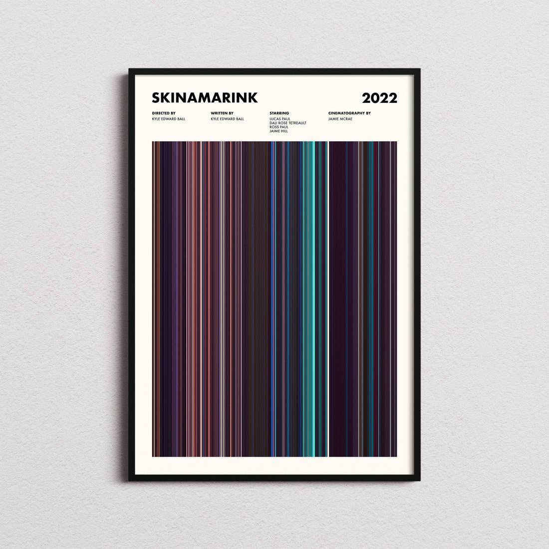Skinamarink Movie Barcode Poster framed on a plain studio wall
