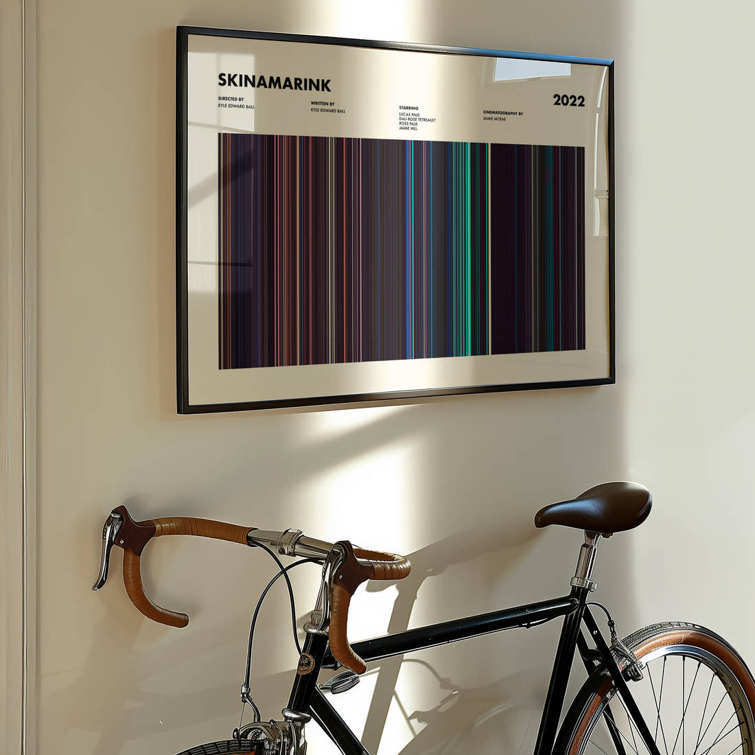 Skinamarink Movie Barcode Poster framed on the wall of a styled room setting