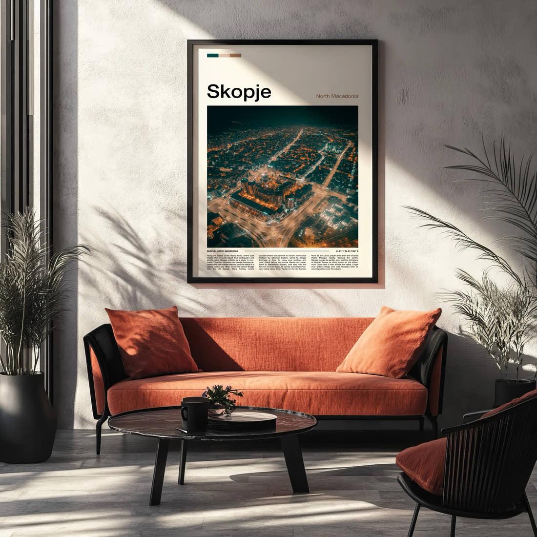 Skopje Illuminated City Sprawl Travel Print framed on the wall of a modern living room