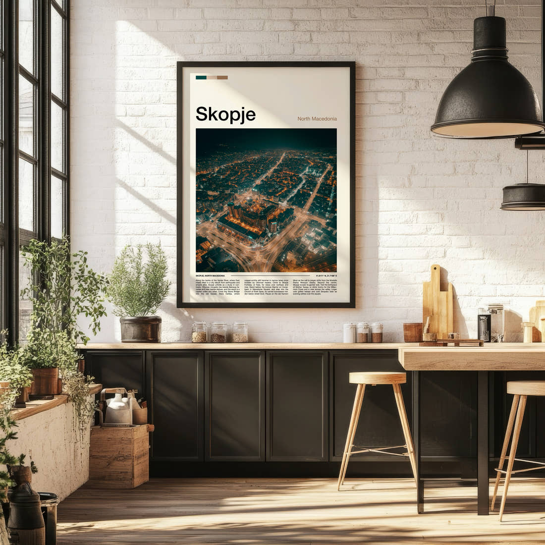 Skopje Illuminated City Sprawl Travel Print framed on the wall of a bright kitchen and dining space