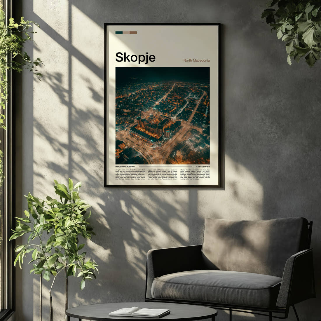 Skopje Illuminated City Sprawl Travel Print framed on the wall of a relaxed living room