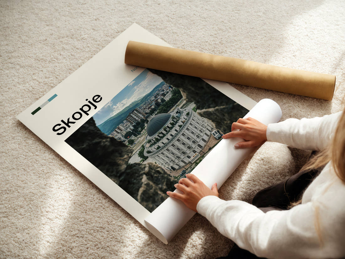 Skopje Domed Building From Fortress Travel Print being unrolled from its postal tube