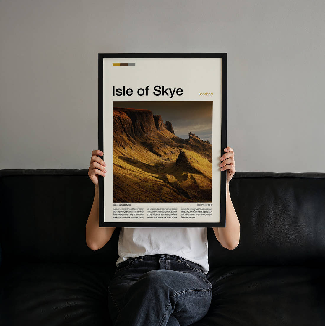Skye The Quiraing Travel Print held up by hand to show the size of the print