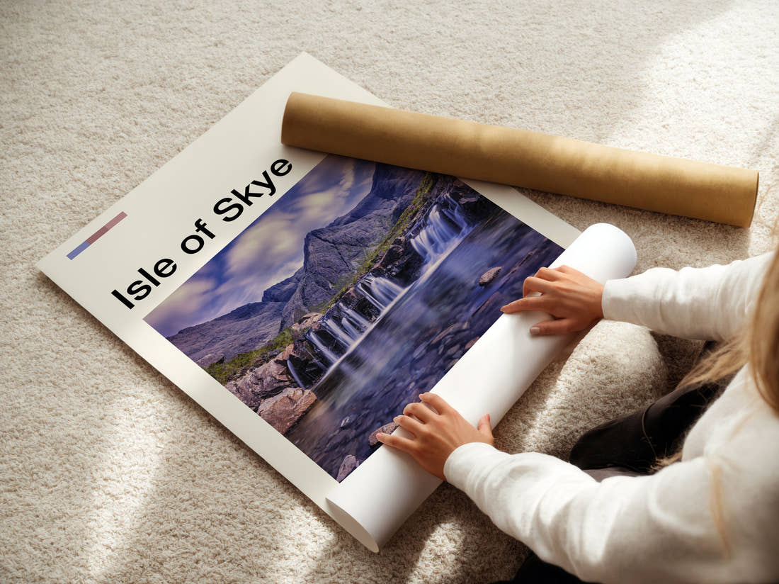 Skye Waterfall And Mountains Travel Print being unrolled from its postal tube