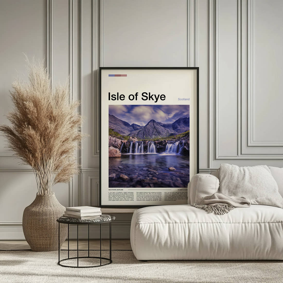 Skye Waterfall And Mountains Travel Print framed on the wall of a calm, neutral bedroom