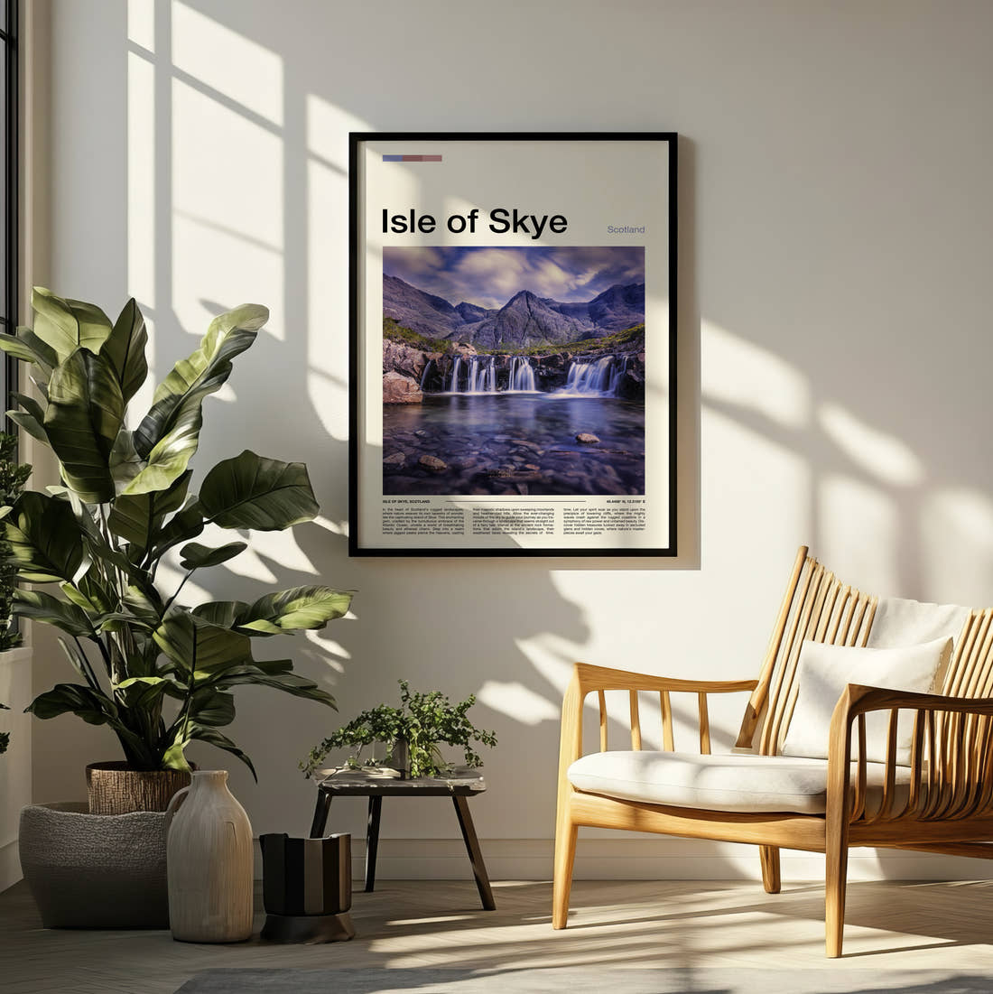 Skye Waterfall And Mountains Travel Print framed on a pale wall beside houseplants