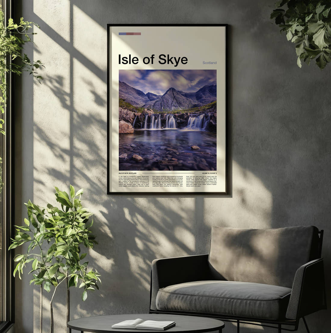 Skye Waterfall And Mountains Travel Print framed on the wall of a relaxed living room