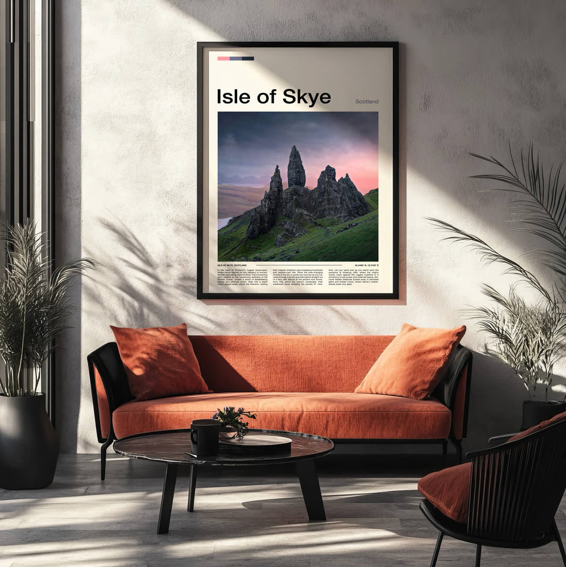 Skye The Old Man Of Storr Travel Print framed on the wall of a modern living room