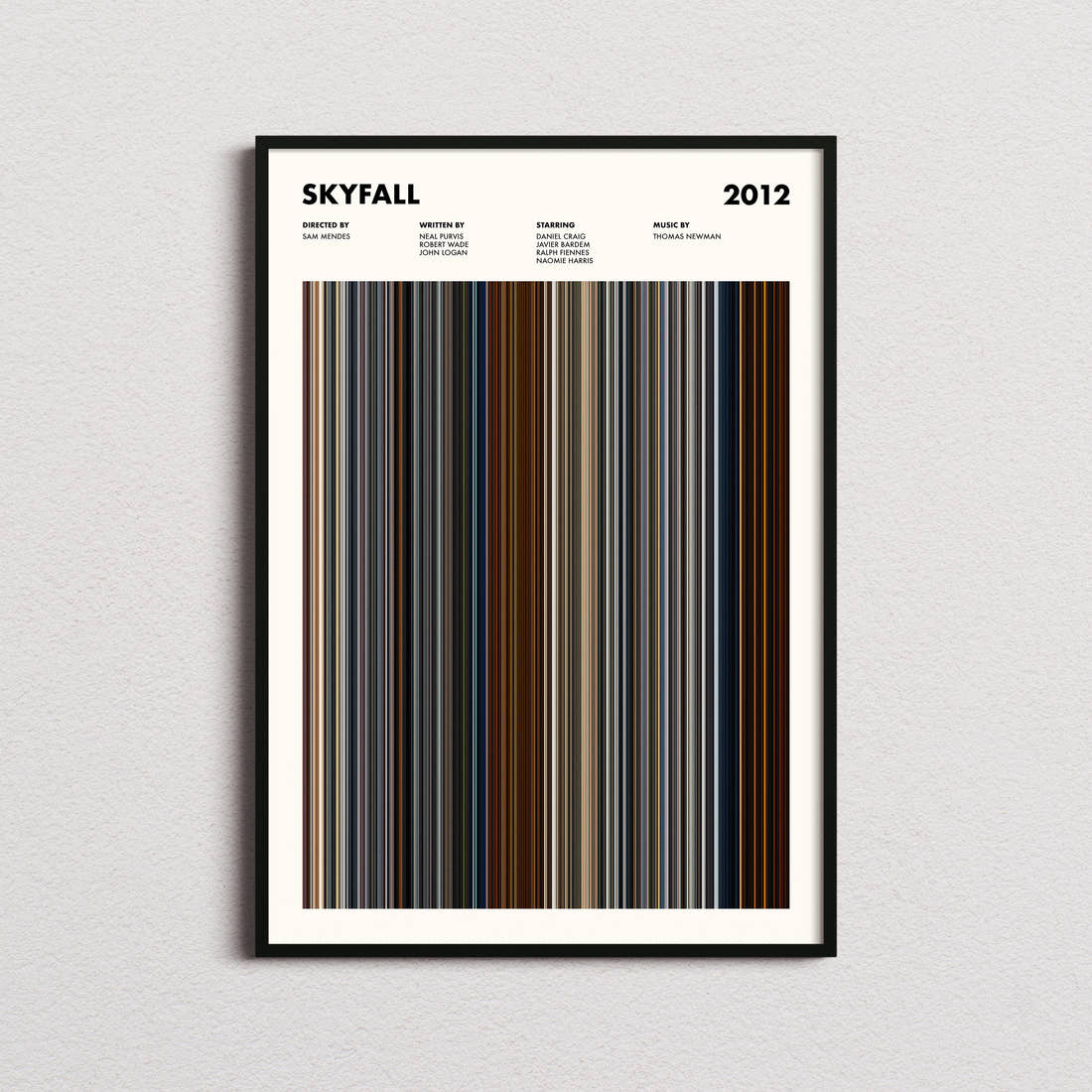 Skyfall Movie Barcode Poster framed on a plain studio wall