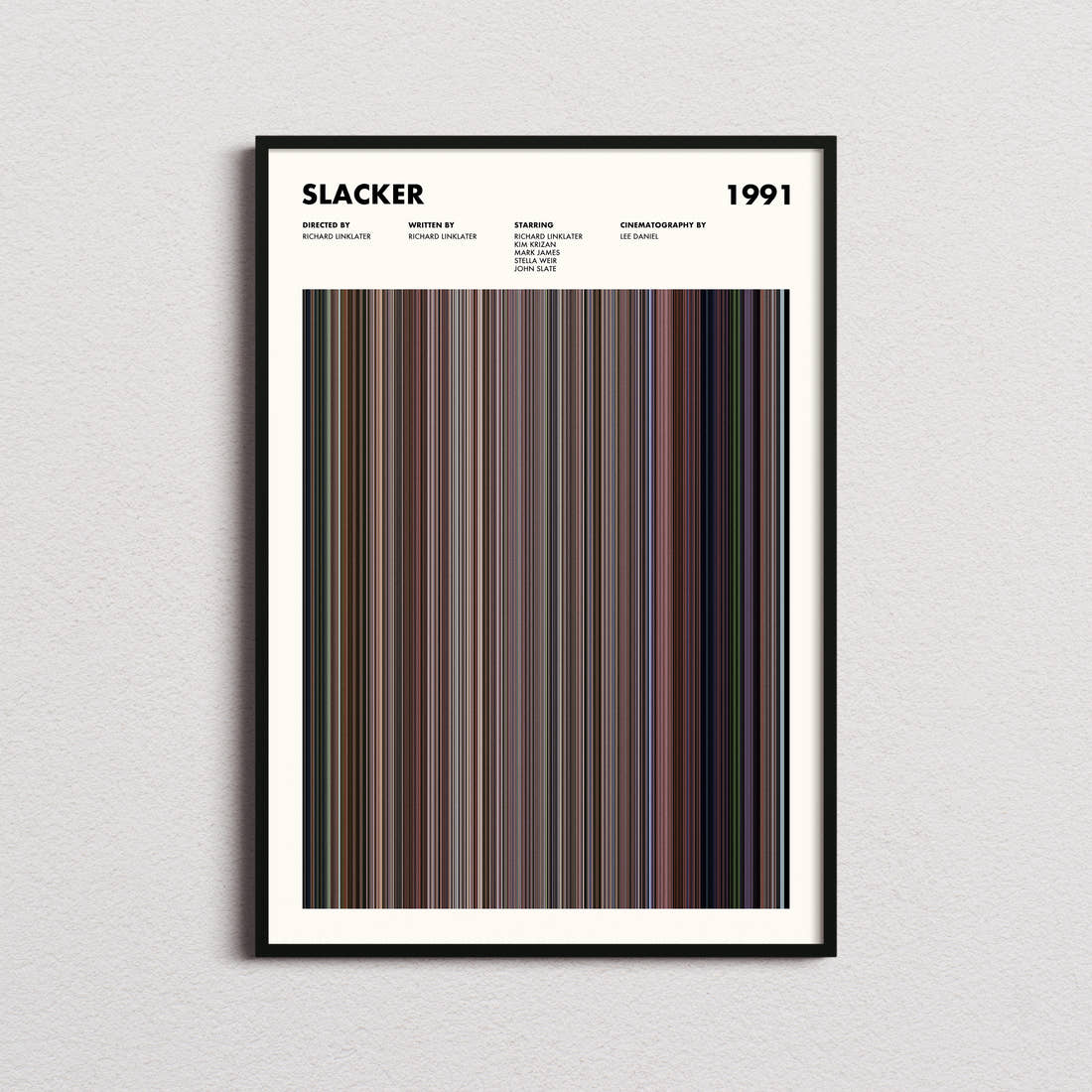 Slacker Movie Barcode Poster framed on a plain studio wall
