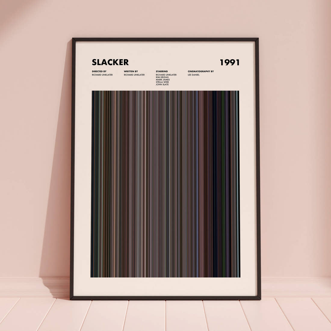 Slacker Movie Barcode Poster framed and leaning against a coloured wall