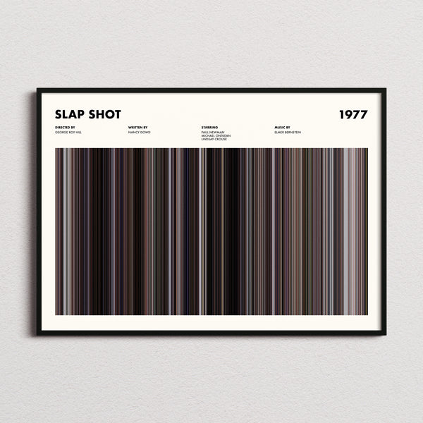 Slap Shot Movie Barcode Poster framed and photographed straight on