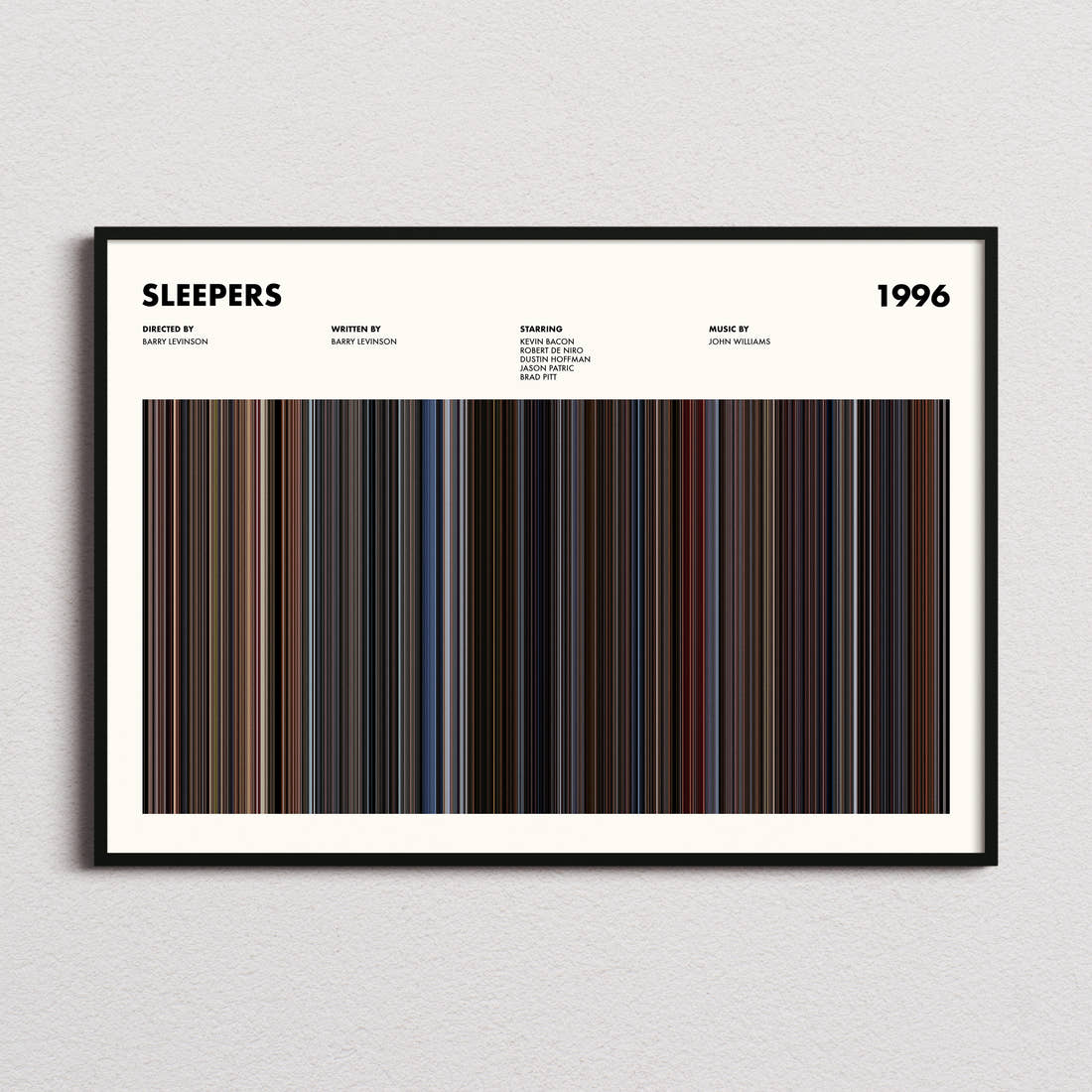 Sleepers Movie Barcode Poster framed and photographed straight on