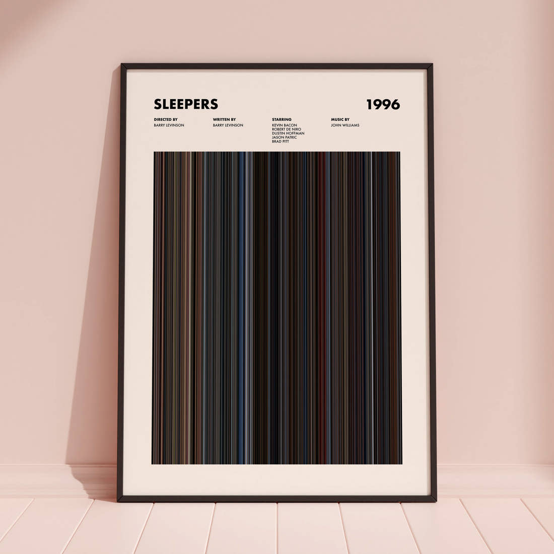 Sleepers Movie Barcode Poster framed and leaning against a coloured wall
