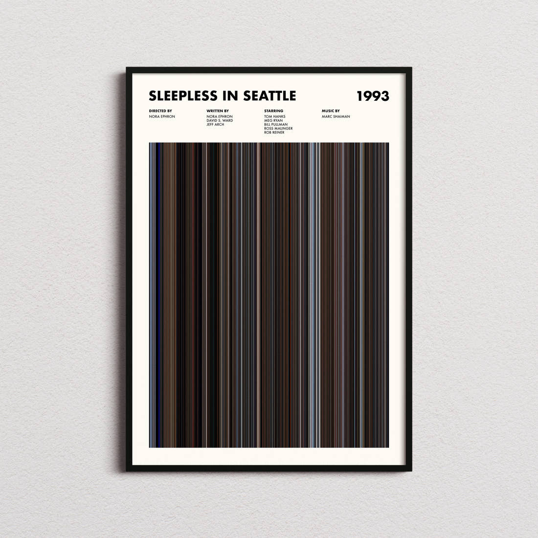 Sleepless In Seattle Movie Barcode Poster framed on a plain studio wall