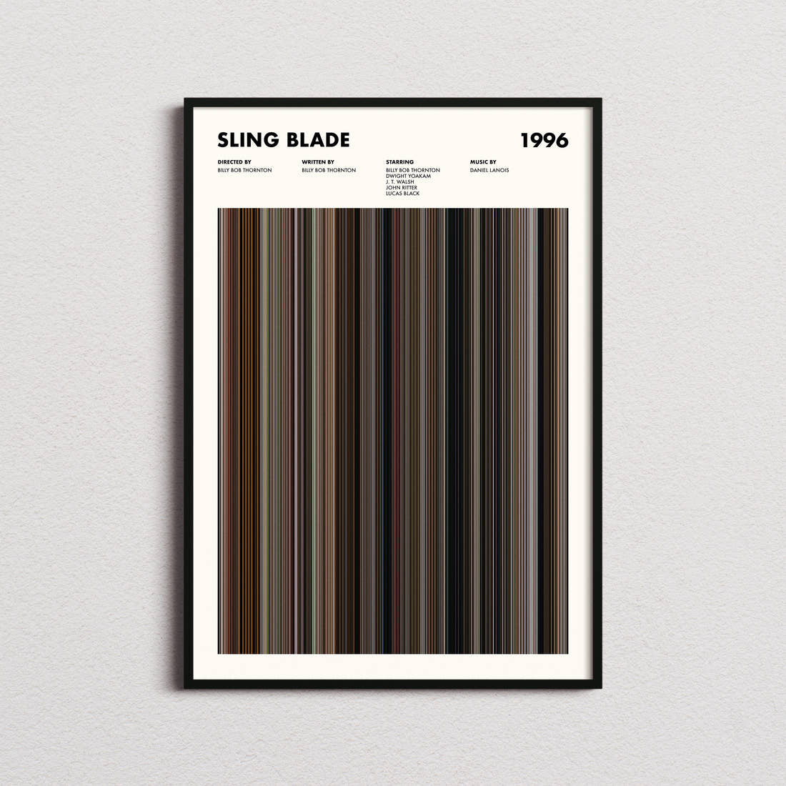 Sling Blade Movie Barcode Poster framed on a plain studio wall