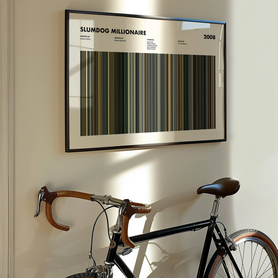 Slumdog Millionaire Movie Barcode Poster framed on the wall of a styled room setting